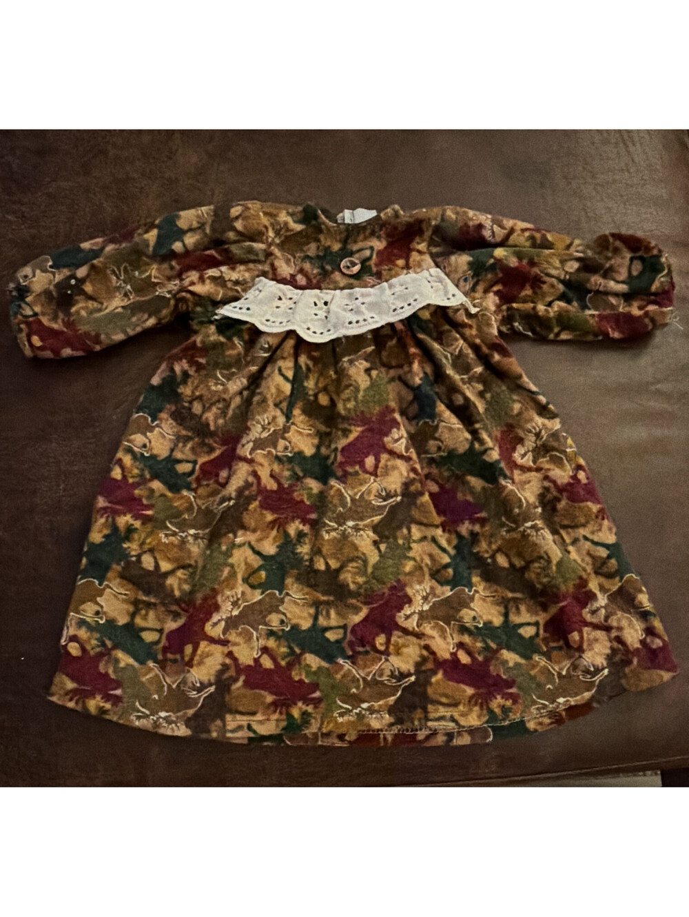 Handmade 18 in Doll Dress Multicolor Moose Print Eyelet Collar Button